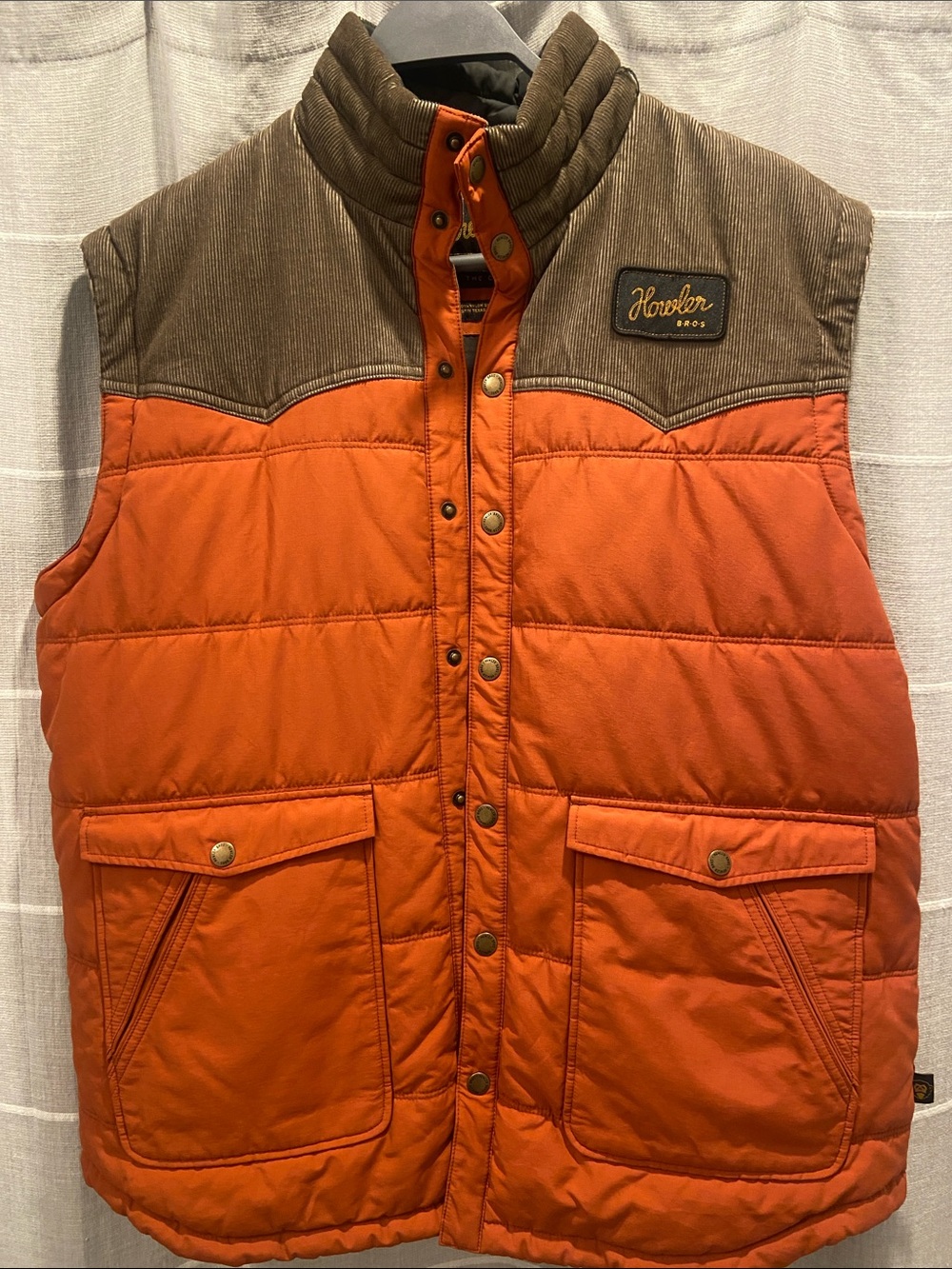 Howler Brothers Orange Quilted Vest with Brown Corduroy Yoke